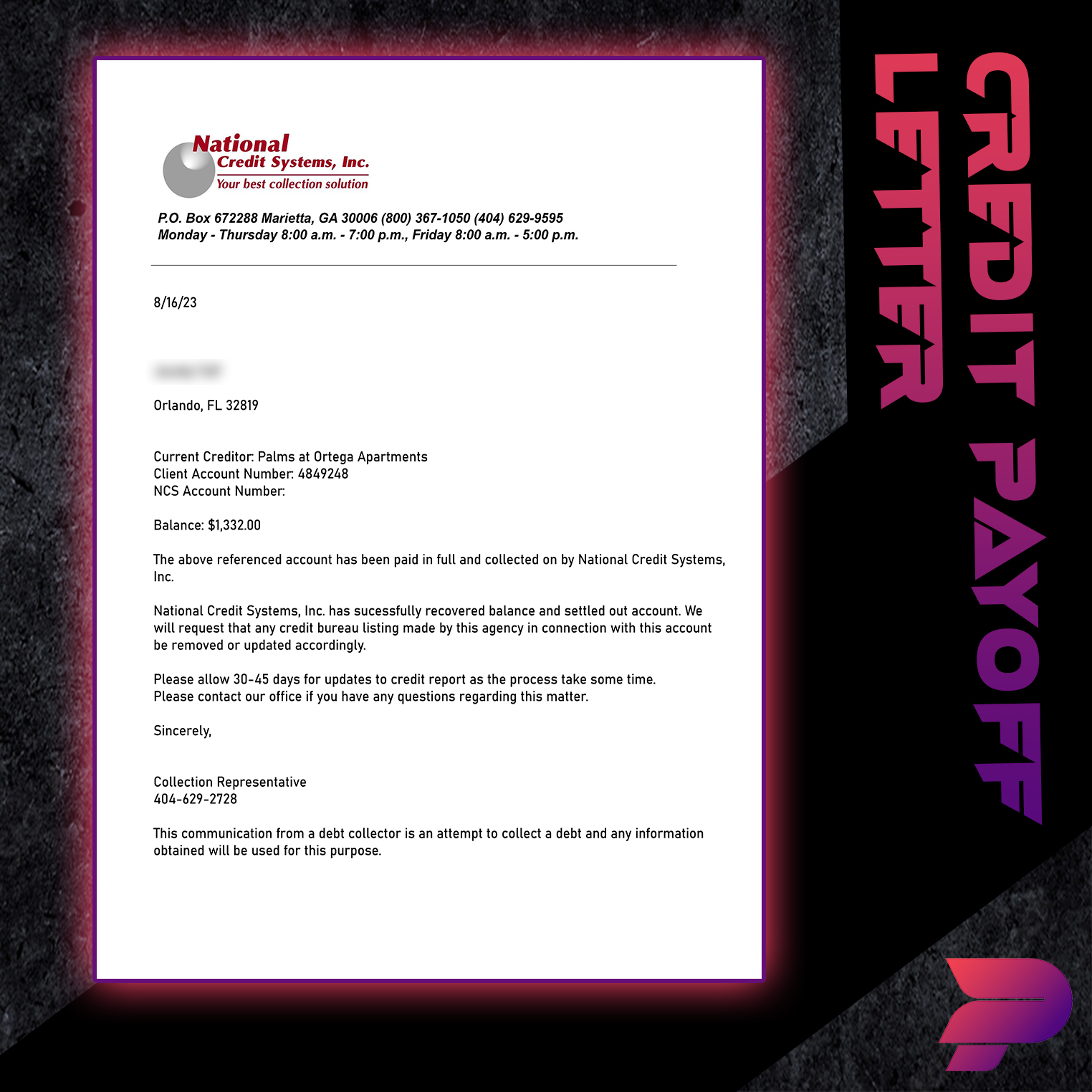 Credit/Debt Payoff Letter
